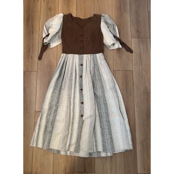 Vintage 70s Style Nur Trocken Reinigen 100% Linen Maxi Prairie Dress Boho Large - Picture 5 of 16